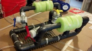 Omit the 2″ float pieces and instead put a pool noodle around the 1/2″ PVC, and also skip the toilet seal wax for sealing the thrusters (not sure if the video has this step or if we omitted it already) and just use straight hot glue. The frame does not need to be airtight, so if you’re concerned about fumes, just use hot glue for the entire project.